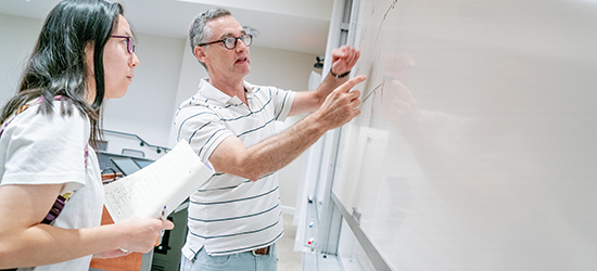 A PhD student and a professor gesture at a white board