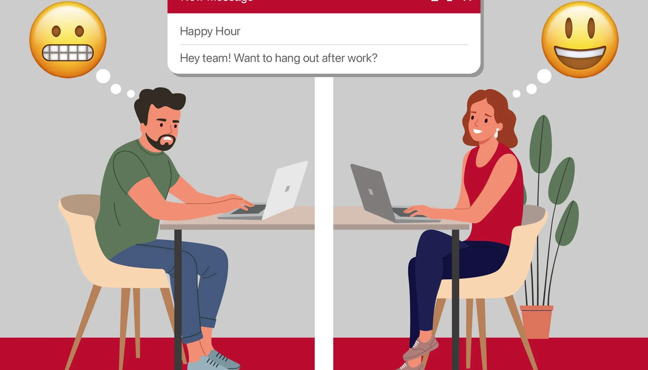 Illustration of two employees in separate offices texting about an upcoming happy hour. The organizer is happy while the second employee grimaces.