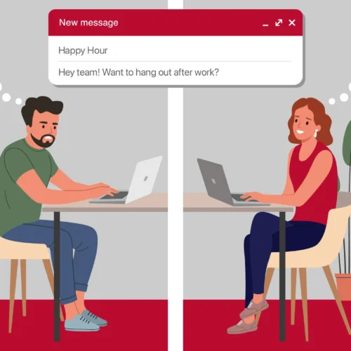 Illustration of two employees in separate offices texting about an upcoming happy hour. The organizer is happy while the second employee grimaces.