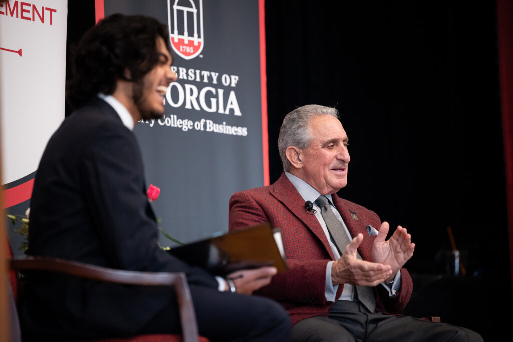 UGA student Aniketh Narayanan, left, interviews Home Depot co-founder, philanthropist and businessman Arthur Blank at the UGA Chapel during his Terry Leadership Speaker Series talk.