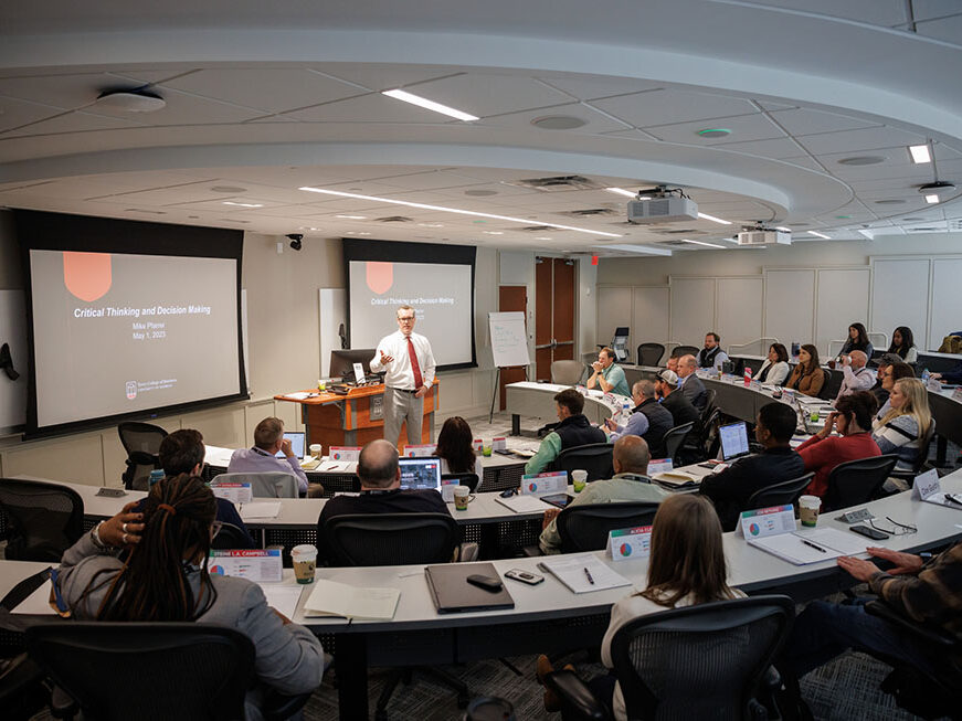 Mike Pfarrer, Associate Dean and professor, lectures during a Leaders Academy class.