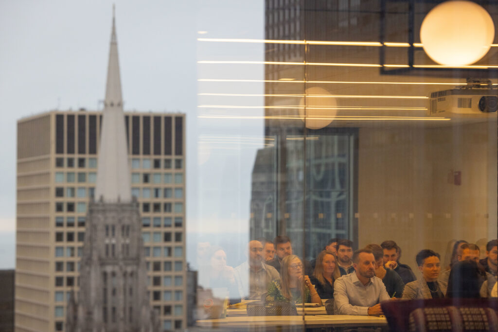 A group of Terry MBA students visit the Chicago Bears’ business offices in downtown Chicago during a domestic residency program.