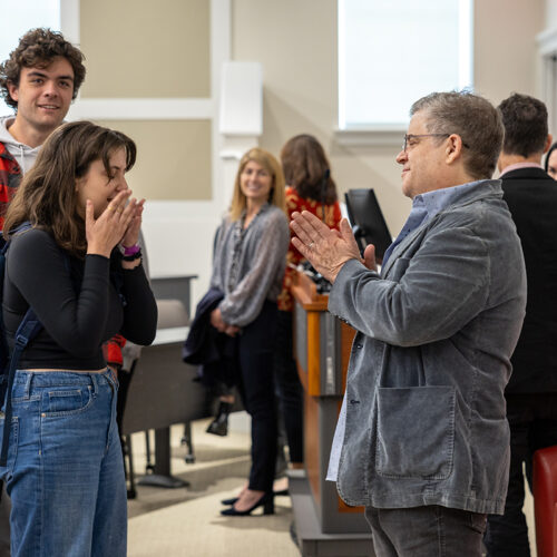Actor and comedian Patton Oswalt talks with students after speaking as a part of the MBUS Talks Series in Orkin Hall on Wednesday, October 18, 2023 in Athens, GA.