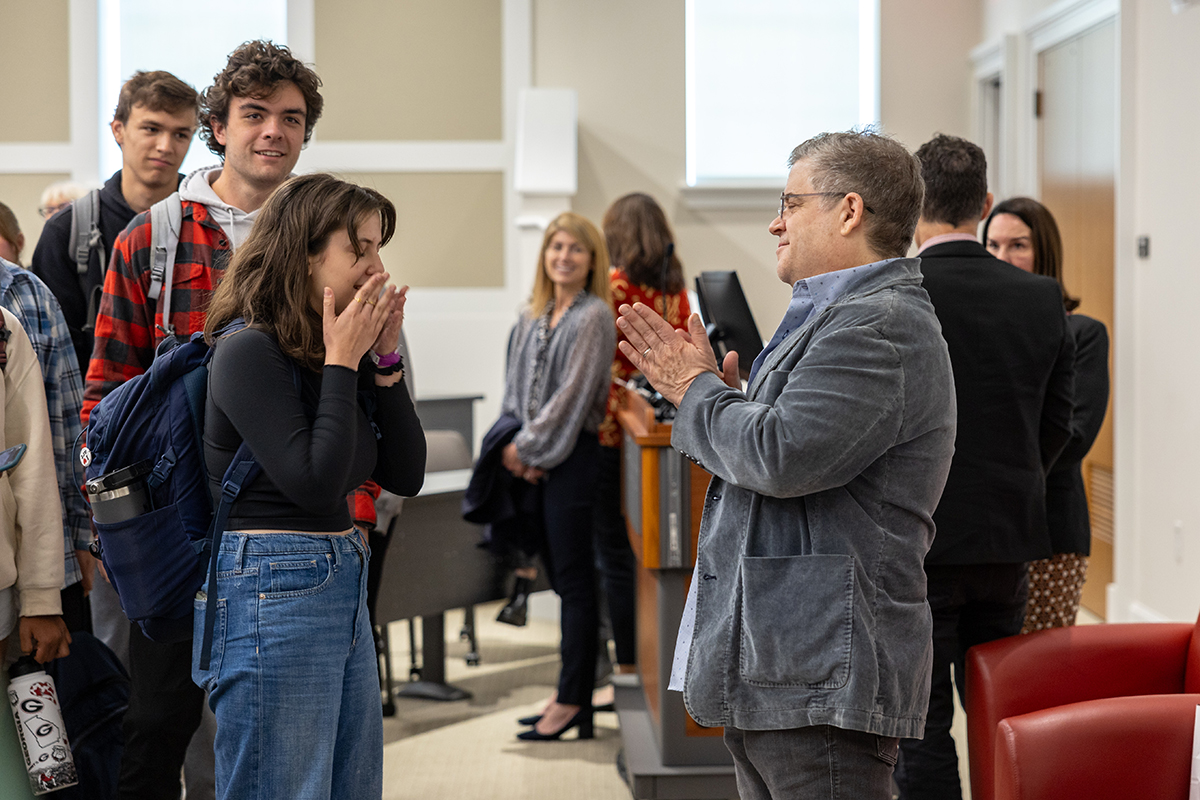 Actor and comedian Patton Oswalt talks with students after speaking as a part of the MBUS Talks Series in Orkin Hall on Wednesday, October 18, 2023 in Athens, GA.