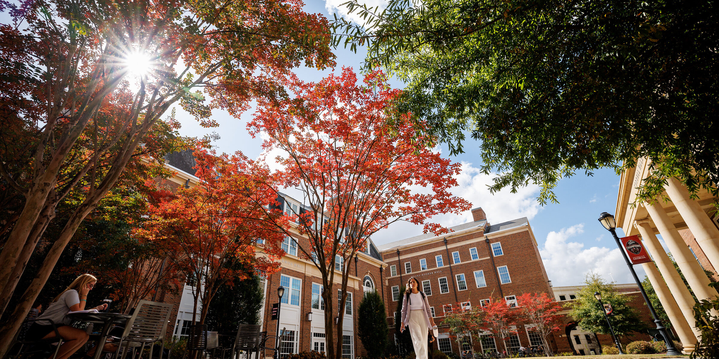 Student walk through a courtyard flanked by fall leaves at the Terry BLC.