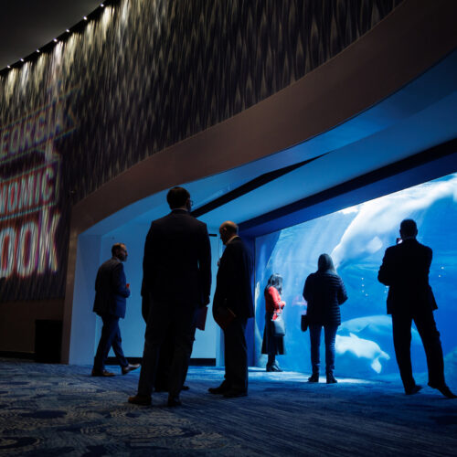 Georgia Economic Outlook attendees watch the Beluga whales from The Georgia Aquarium's Oceans Ballroom before the beginning of the 2024 Georgia Economic Outlook.