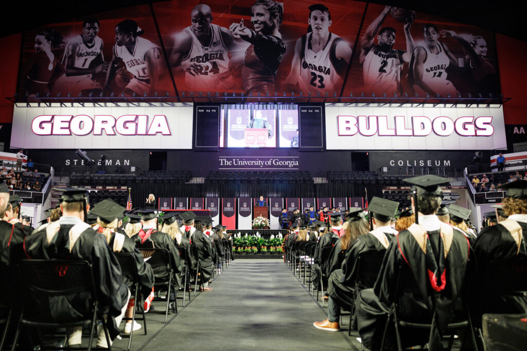 convocation stage from halfway down center aisle