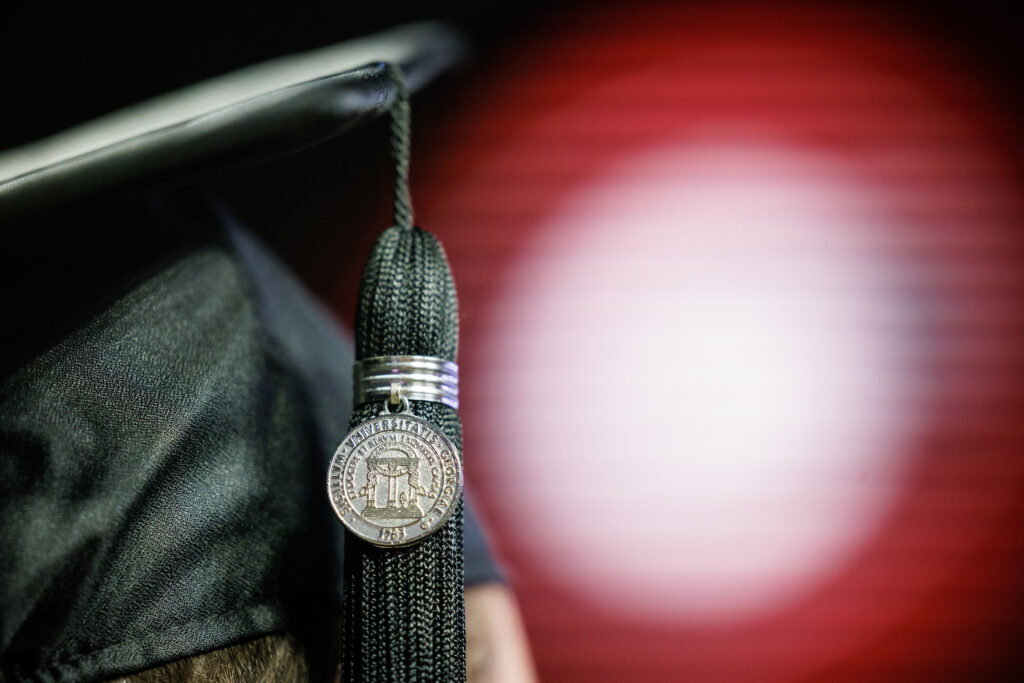 close up of UGA tassel against blurred background