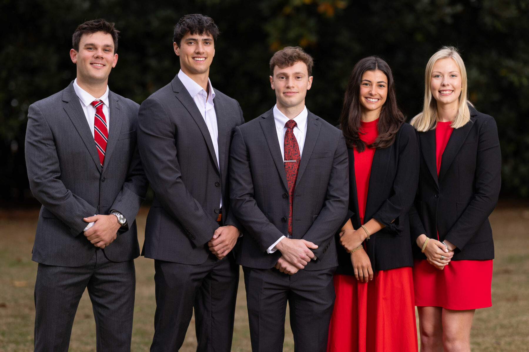 2025 Student of Year Finalists Terry College of Business Student of the Year Alex Womack, center, with other student of the year finalists, from left, Whit Thoms, Ethan Craig, Madeline Pierce and Mattie Garrett.