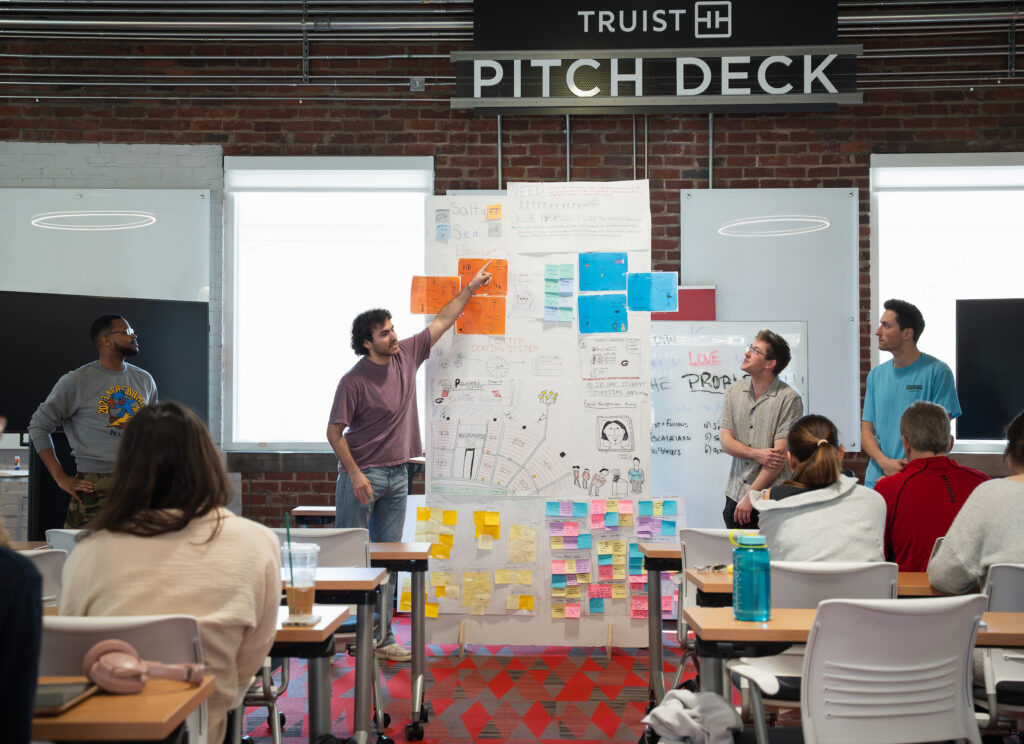 Students present in front an Entrepreneurship Class in UGA's Studio 225. New UGA Entrepreneurship faculty