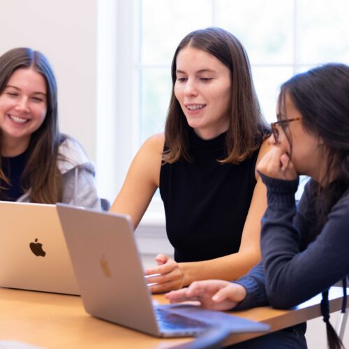 Katherine Ireland guides two students through an analytics project.