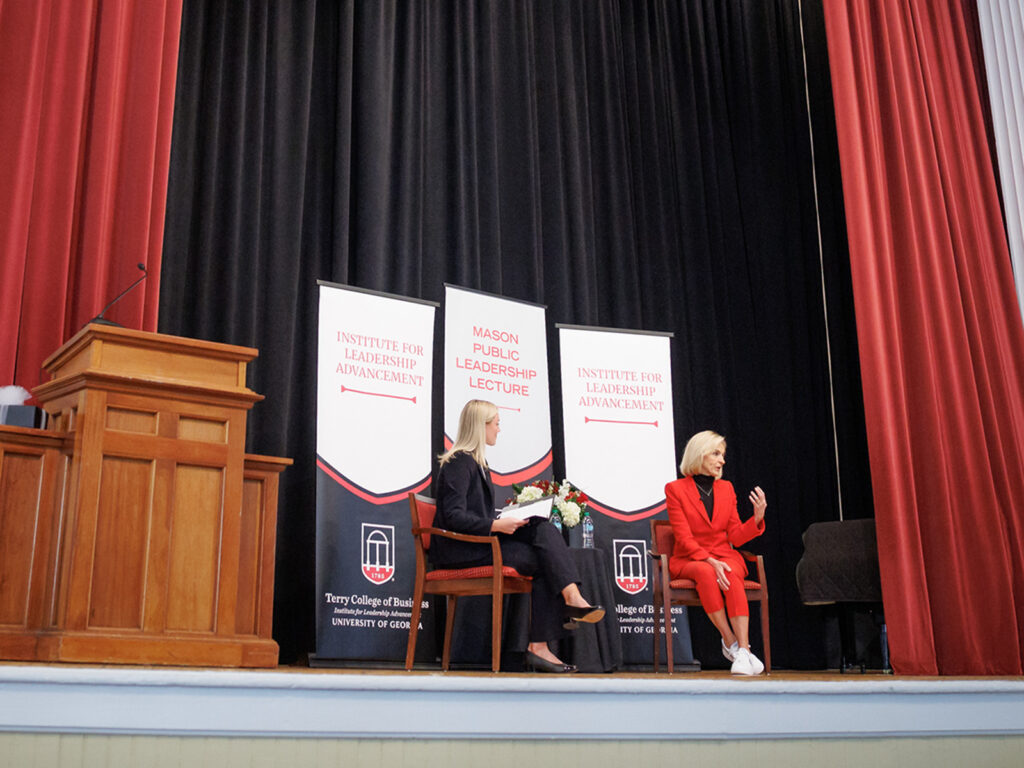 Allison Ausband delivers the Mason Leadership Lecture on stage at the at the UGA Chapel.