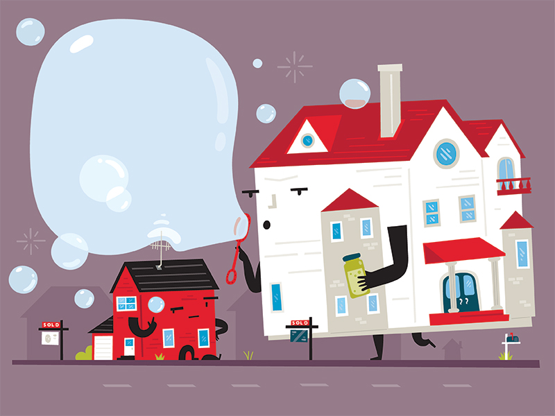 Illustration of a large flashy house blowing a bubble