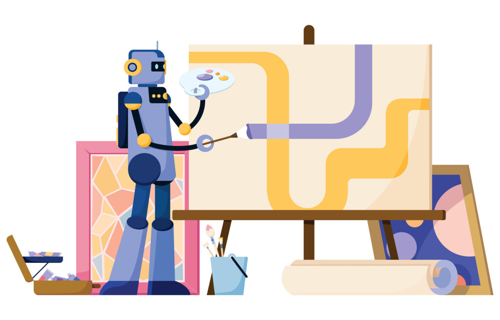 A robot works on a painting set up on an easel