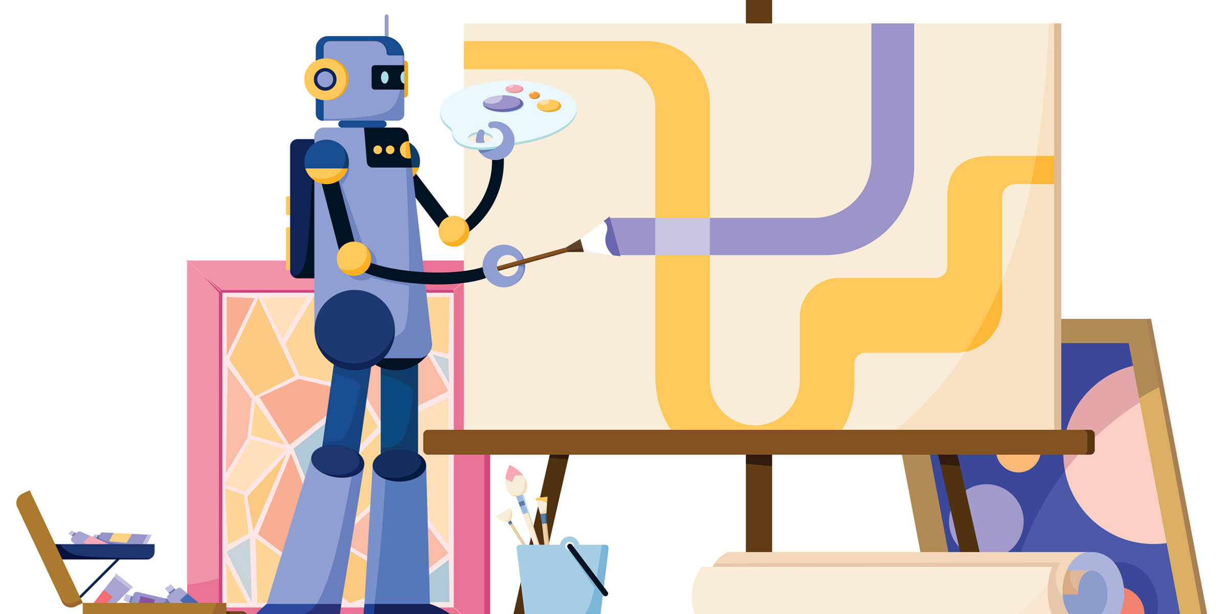 A robot works on a painting set up on an easel