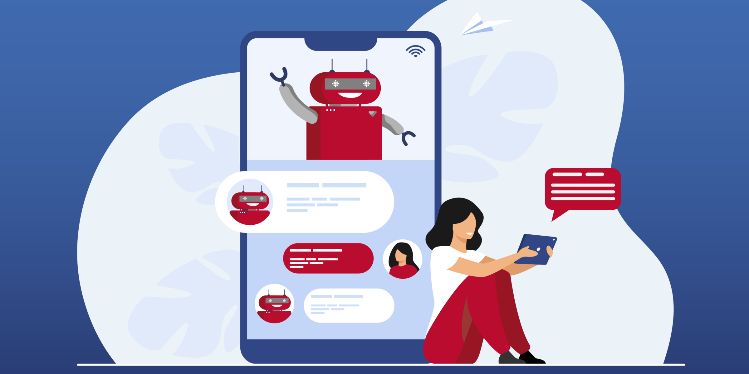 Illustration of a woman scrolling her phone with giant phone with a robot and chat bubbles behind her.