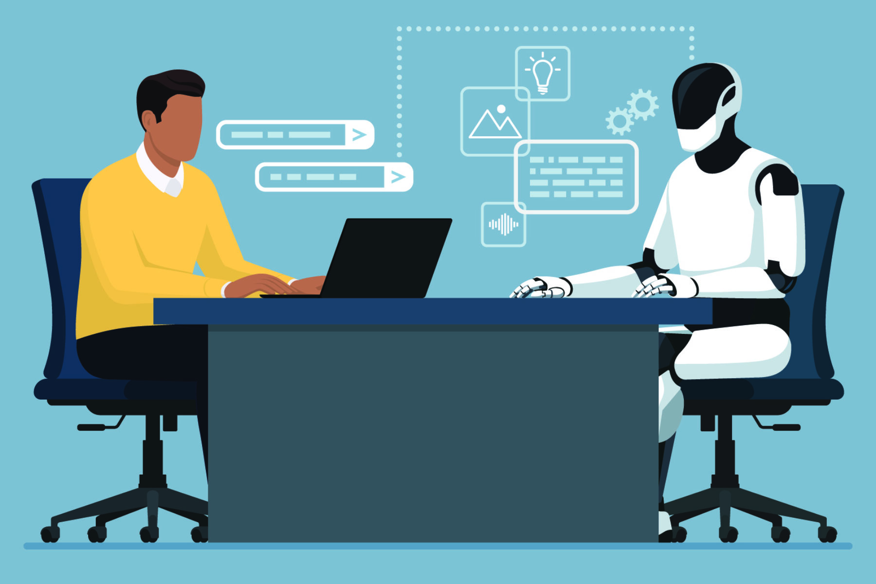 A job candidate sits across the desk from a robot who is interviewing him. Interviewing with AI?
