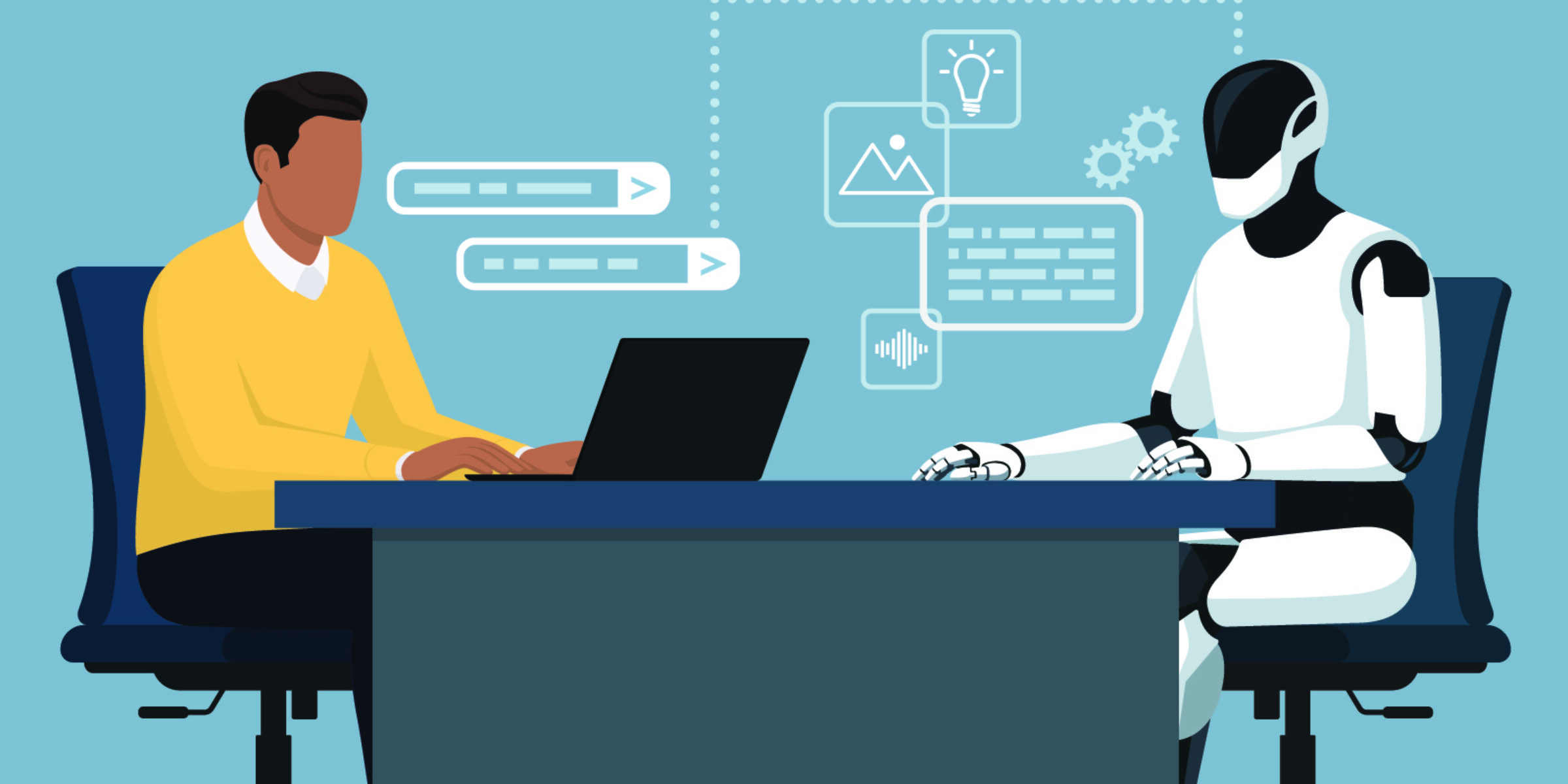 A job candidate sits across the desk from a robot who is interviewing him. Interviewing with AI?