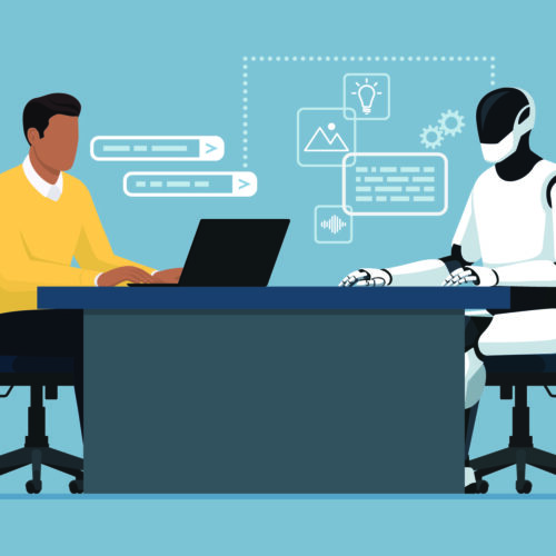 A job candidate sits across the desk from a robot who is interviewing him. Interviewing with AI?