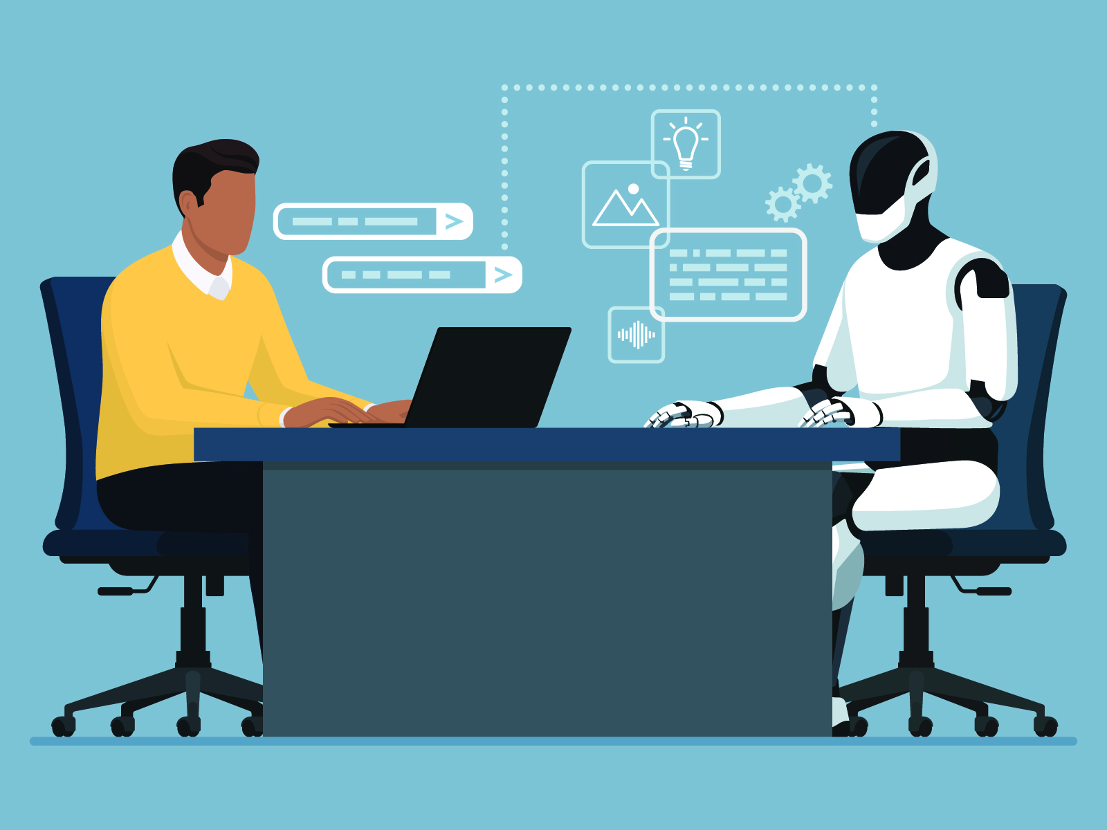 A job candidate sits across the desk from a robot who is interviewing him. Interviewing with AI?