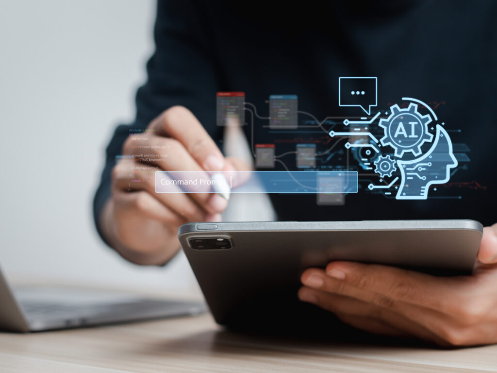 photo illustration of a person holding a stylus and a tablet computers with a blue digital-looking AI