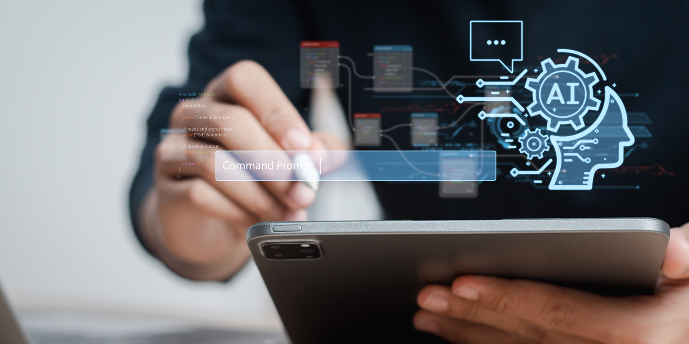 photo illustration of a person holding a stylus and a tablet computers with a blue digital-looking AI