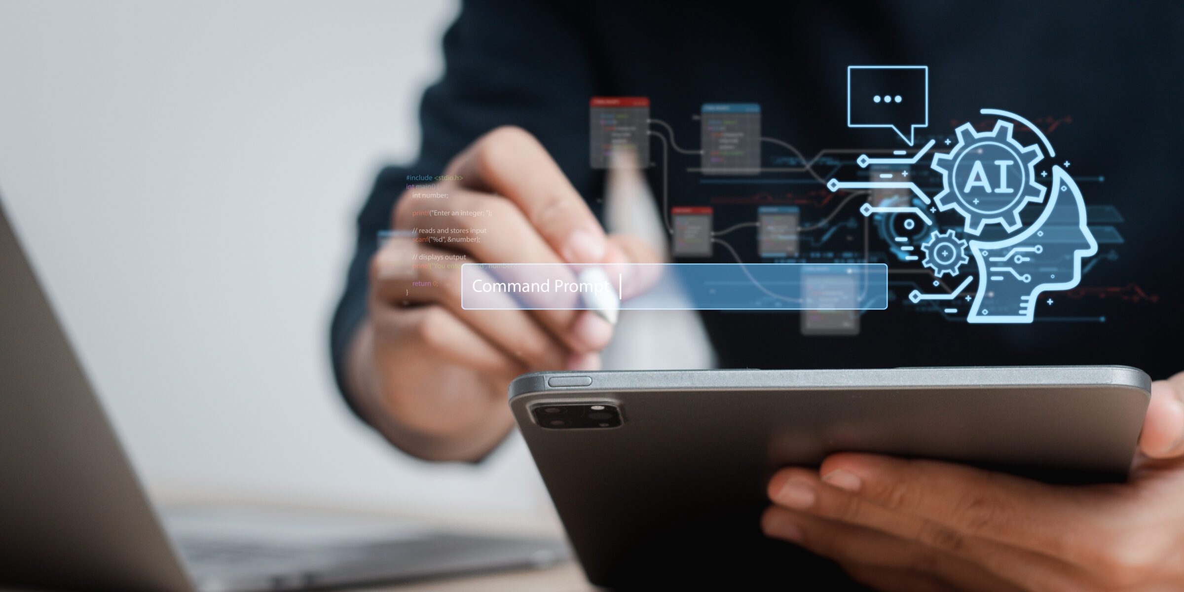A close up of man's hand as we works on a tablet computer with a stylus. An illustration of a a head and a gear with the initials AI centered hovers superimposed above his tablet. How to budget for AI innovation?