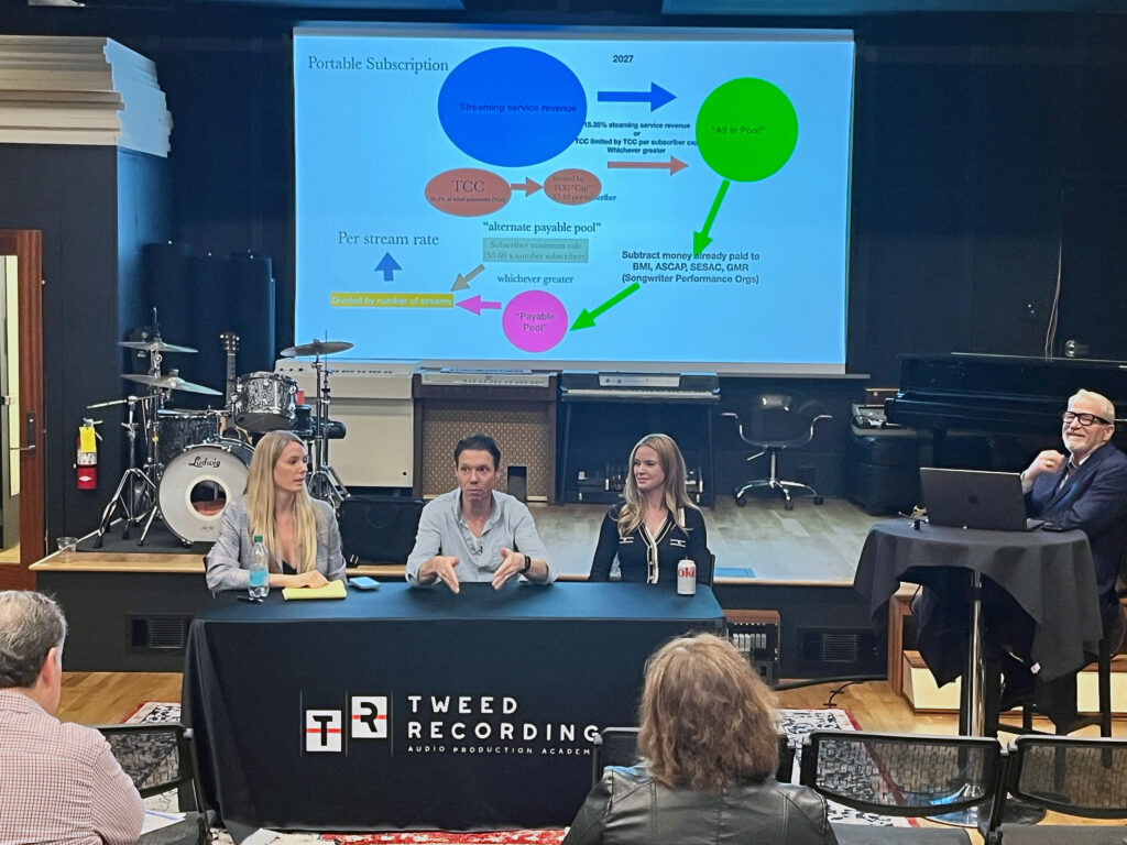 Entertainment attorneys discuss the formula for determining streaming royalties, sitting at folding table with a Tweed Recording Studios banner in front of. a small crowd. UGA Artist Rights Symposium