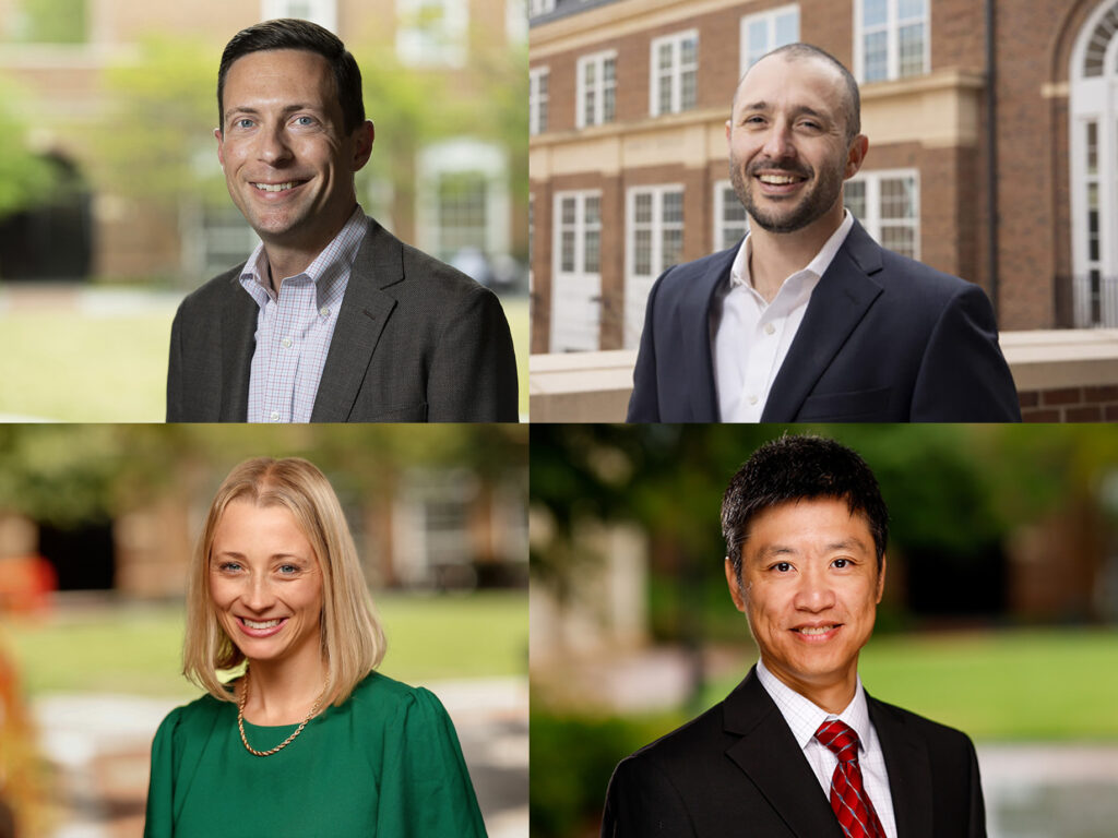 Terry College Endowed Professorships Clockwise: Portraits of Alex Reed, Tim Samples, Kristen Valentine, LIng Xue
