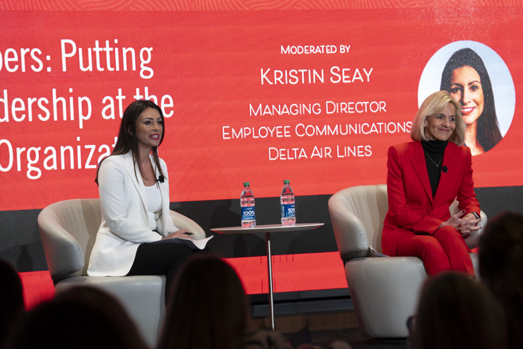 Moderator Kristin Seay and Allison Ausband, executive vice president and chief customer experience officer for Delta Air Lines, answers audience questions at the Professional Womens Conference.