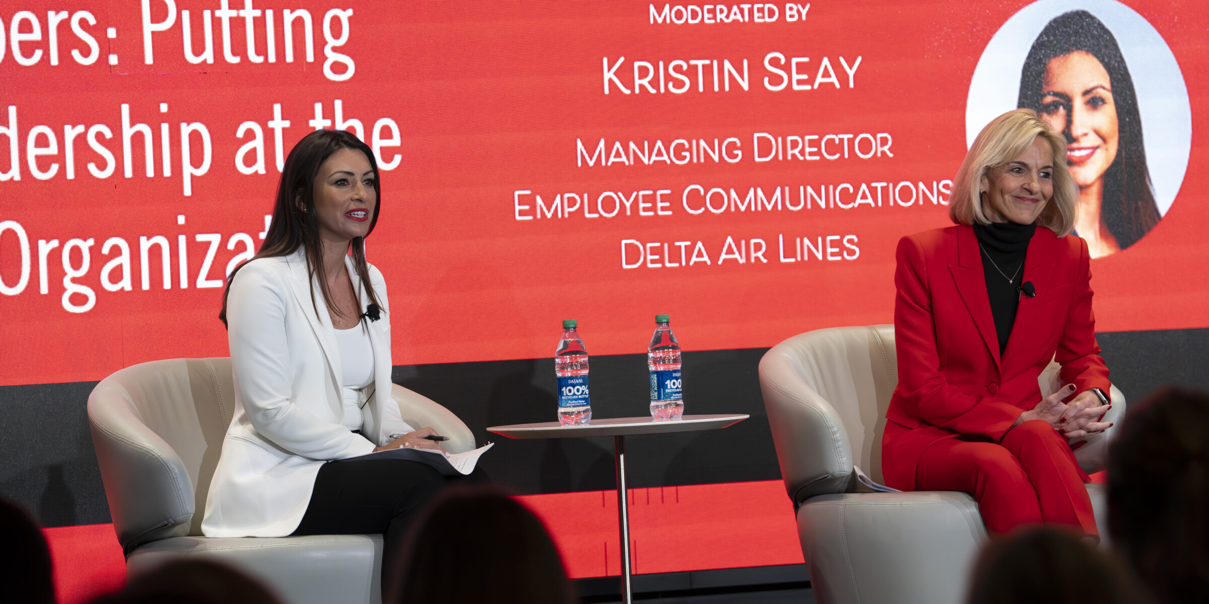 Moderator Kristin Seay and Allison Ausband, executive vice president and chief customer experience officer for Delta Air Lines, answers audience questions at the Professional Womens Conference.