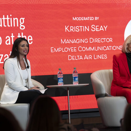 Moderator Kristin Seay and Allison Ausband, executive vice president and chief customer experience officer for Delta Air Lines, answers audience questions at the Professional Womens Conference.