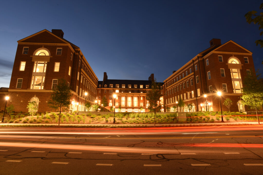 The Terry College Business Learning Center at night.