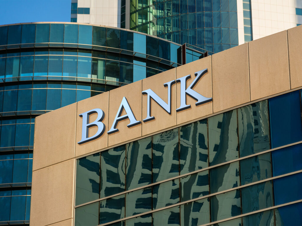 Lowrise building with the word BANK across the top