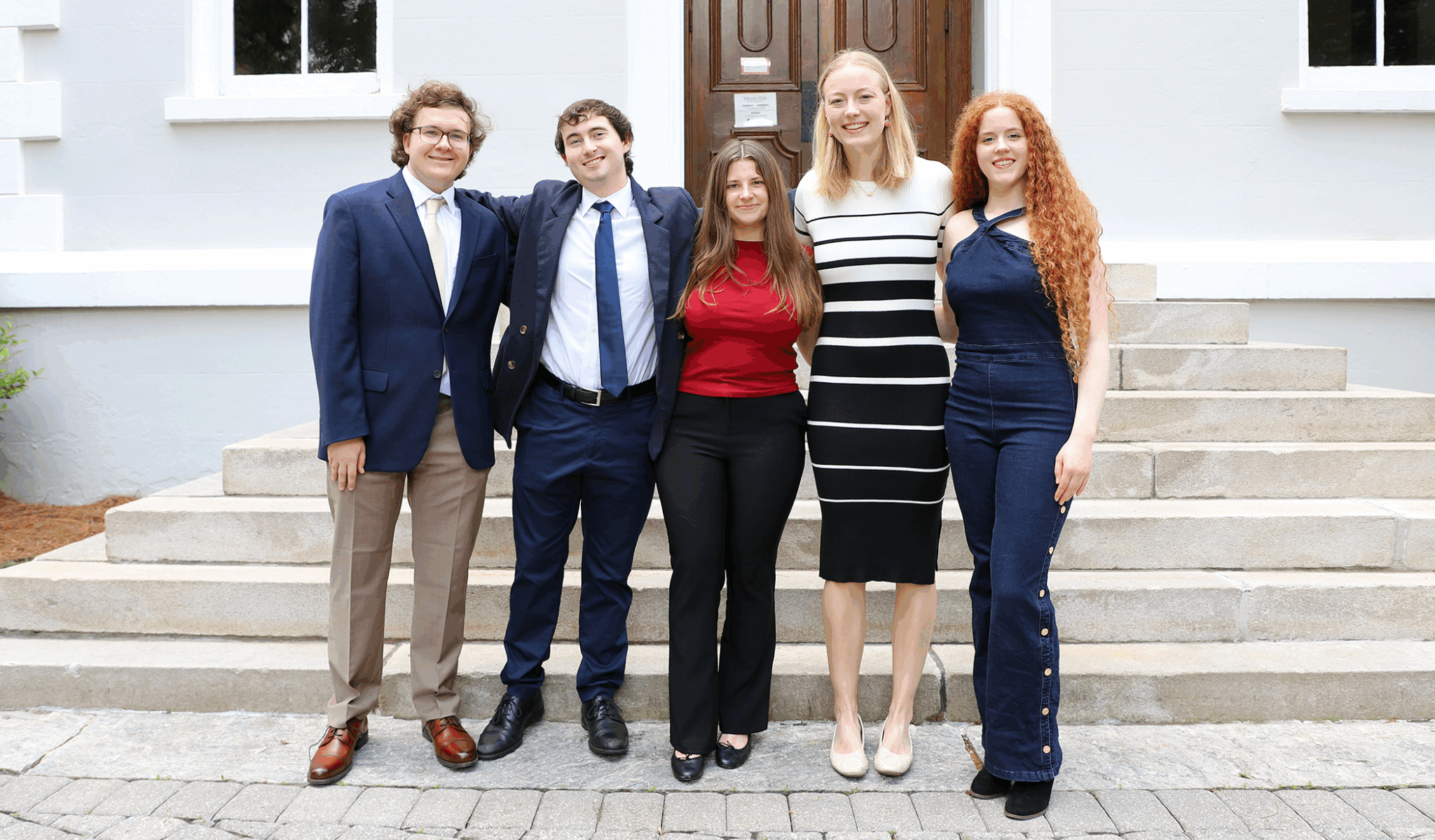 The University of Georgia’s 2025 Boren Scholars include, from left to right, Jack Williford, Nicholas Heiniger, Sara Adkins, Sadie Bengs and Madison Dixon. Not pictured are Mark Adams and Jessica Sobieski. (Photo by Stephanie Schupska)