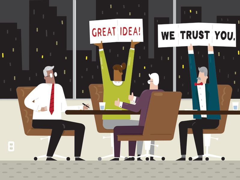 Illustration of Board members encouraging a CEO with signs.