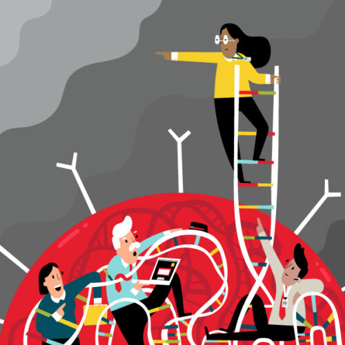 Graphic of female business leader charting a new direction after climbing on on top of a COVID virus