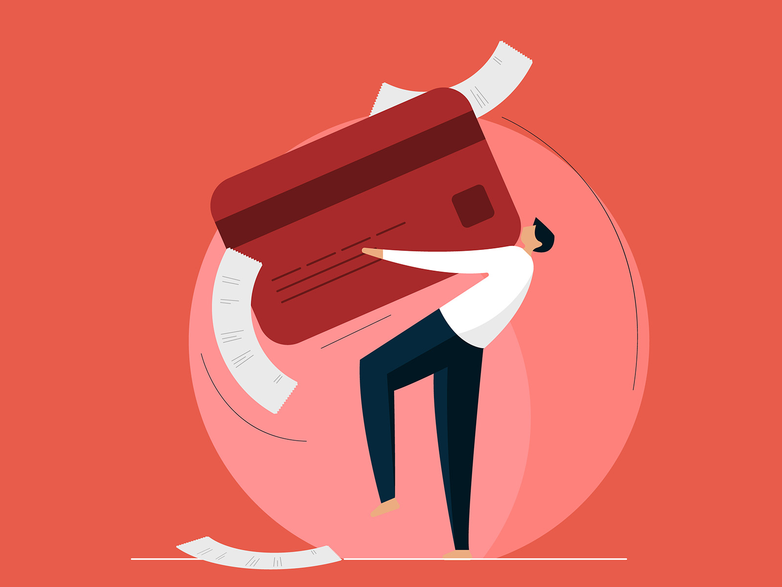 A illustrated man struggles to carry a refrigerator sized credit card.