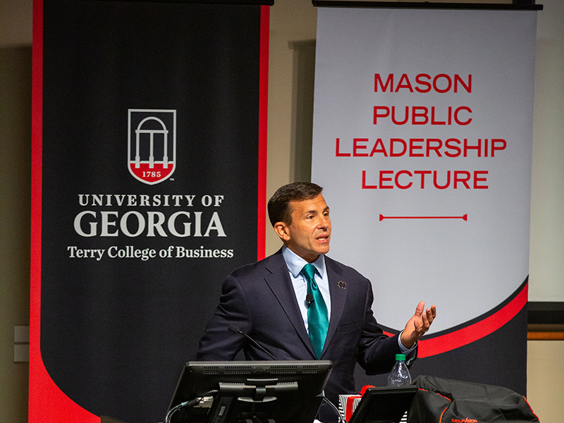 John Crowley speaks to his audience during the Mason Public Leadership Lecture