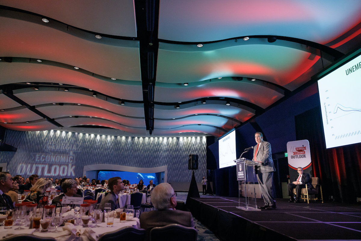 Dean Ayers speaks to a crowd at the 2023 Georgia Economic Outlook.