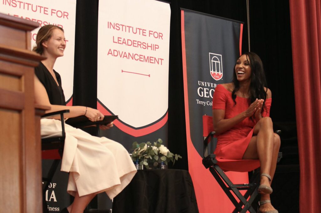 Marketing major Kendall Kazor interviews ESPN personality and Terry alumna Maria Taylor during a Terry Leadership Speaker Series event.