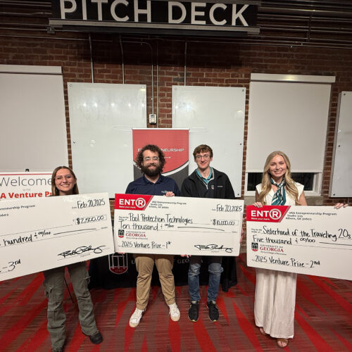 Winners of the 2025 UGA Venture Prize stand with their prize checks at the Truist Pitch Deck at Studio 225.