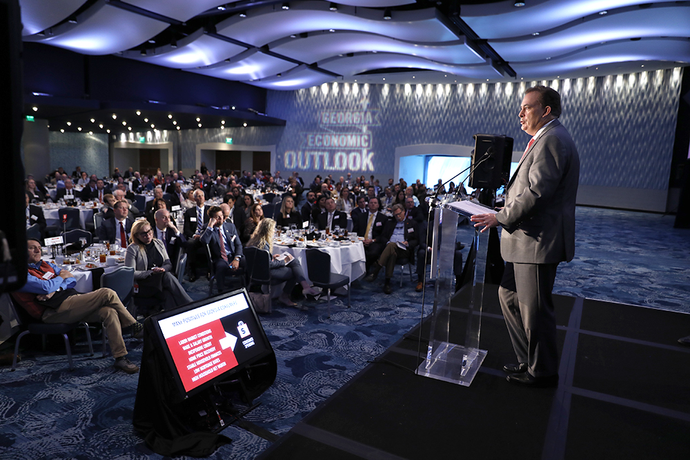 Terry College of Business Dean Benjamin C. Ayers addresses the crowd at the Georgia Economic Outlook held in Atlanta Dec. 11