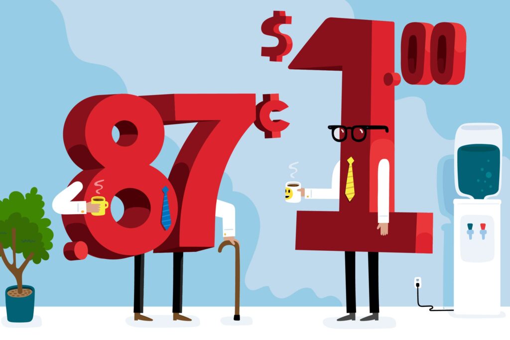 Employees with disabilities negotiating salaries. An illustration with a anthropomorphized 87 cents walks with a cane and talks to an anthropomorphized $1 who wears a tie.
