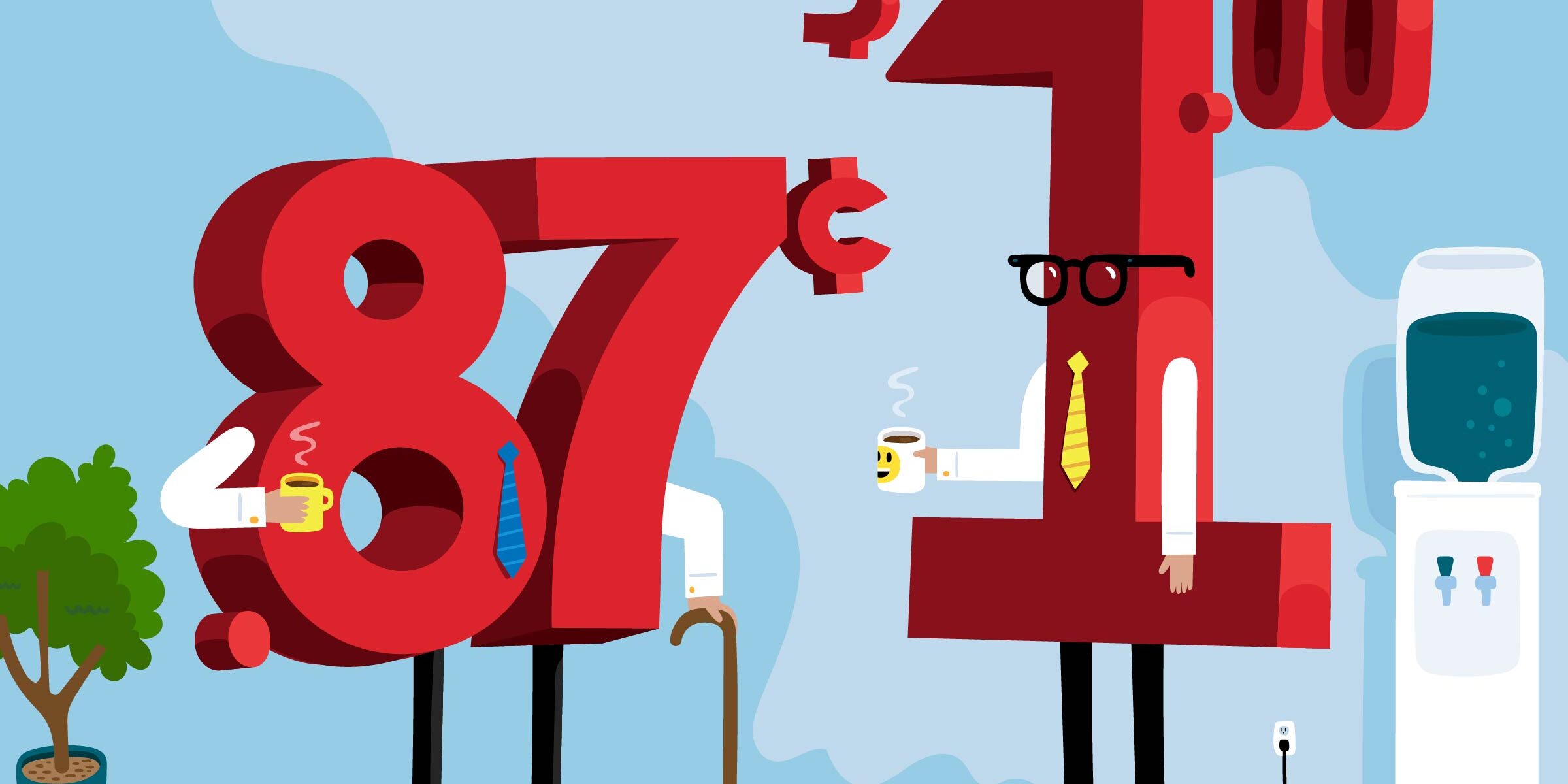 Employees with disabilities negotiating salaries. An illustration with a anthropomorphized 87 cents walks with a cane and talks to an anthropomorphized $1 who wears a tie.