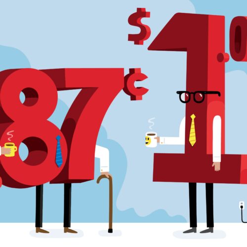 Employees with disabilities negotiating salaries. An illustration with a anthropomorphized 87 cents walks with a cane and talks to an anthropomorphized $1 who wears a tie.