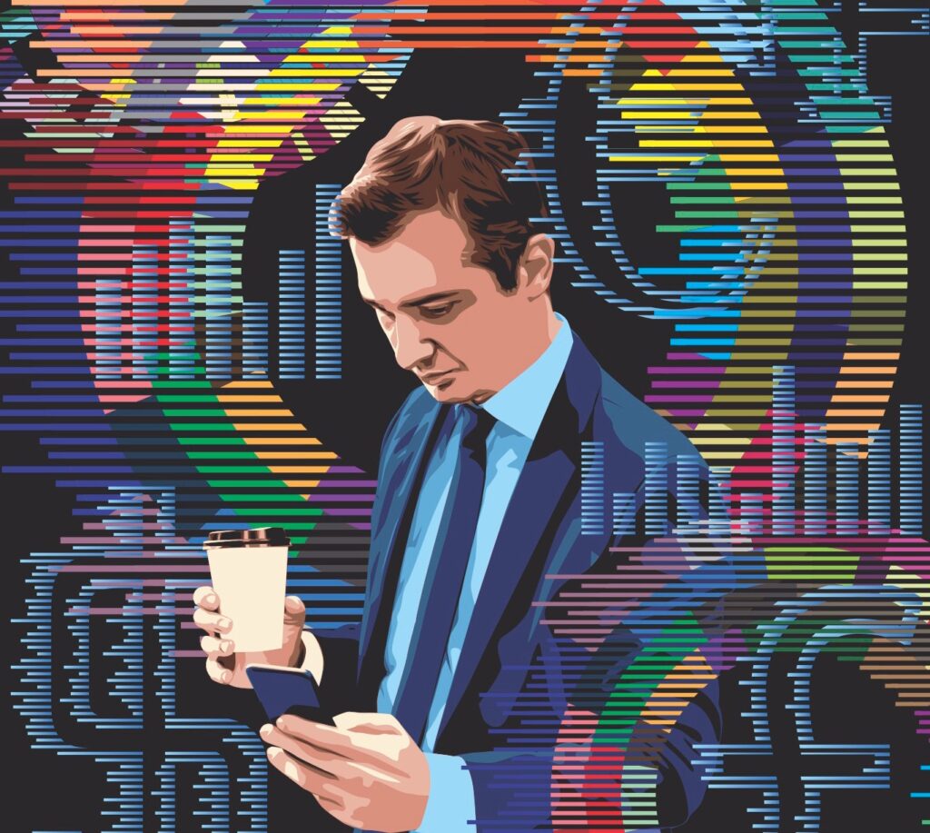 Graphic image of a man in a suit checking his smartphone while holding a cup of coffee.