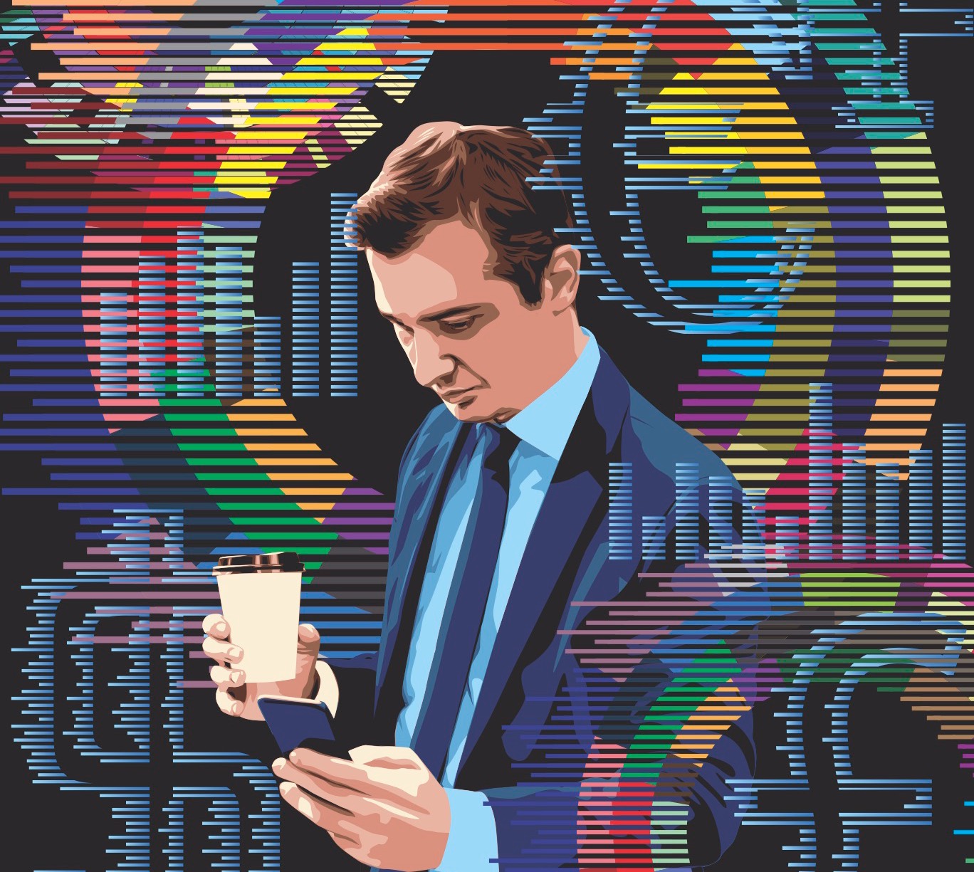 Graphic image of a man in a suit checking his smartphone while holding a cup of coffee.