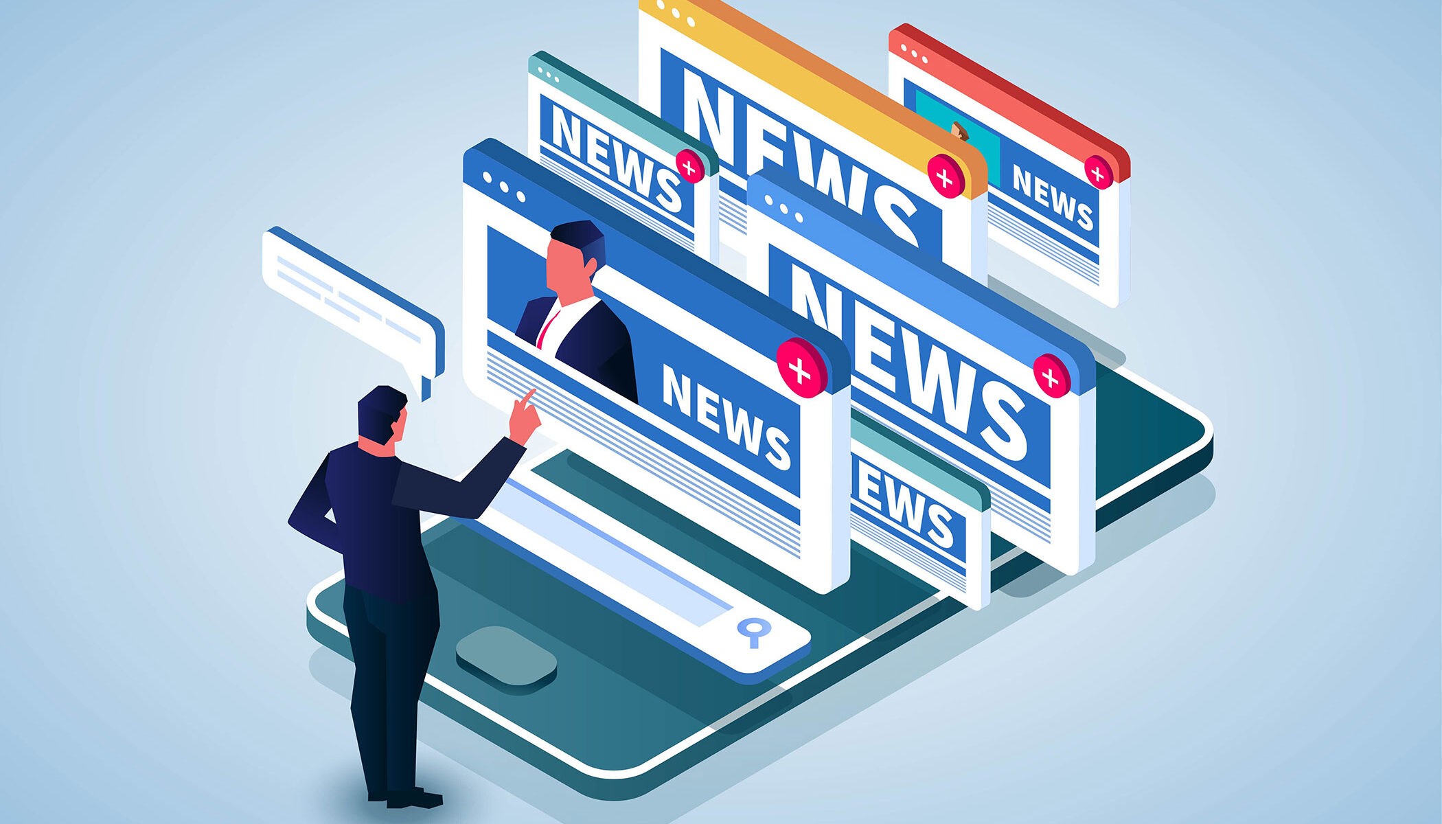 Illustration of a man sorting multiple computer windows that say news on them.