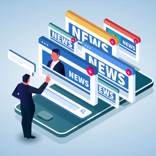 Illustration of a man sorting multiple computer windows that say news on them.